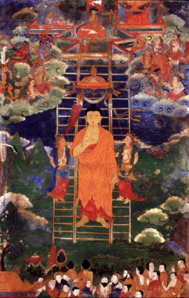 Buddha visszatérése a a Tráyastriṃśa-ból. Kép: wikimedia