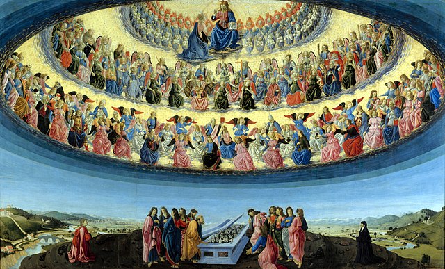 Angyalok hierarchiája Botticini A Szűz mennybemenetele c. festményén. Kép: wikimedia
