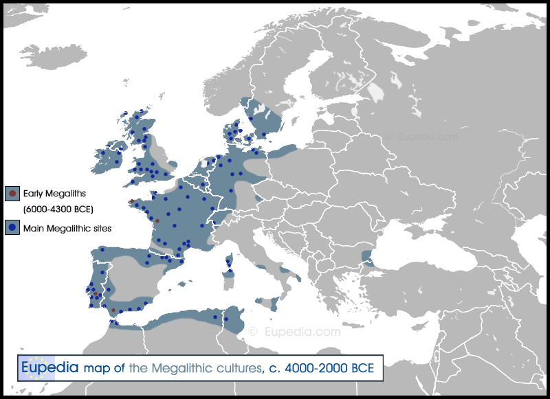 Főbb megalithikus helyszínek Európában. Kép forrása: eupedia.com